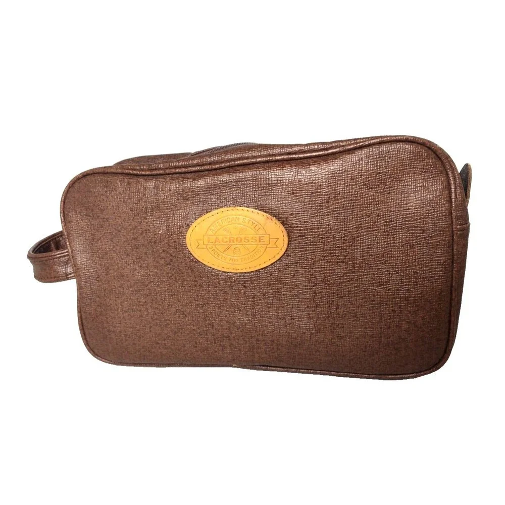 American Style Lacrosse Mens Shaving Toiletry Travel Bag Brown Leather  12x7x4
